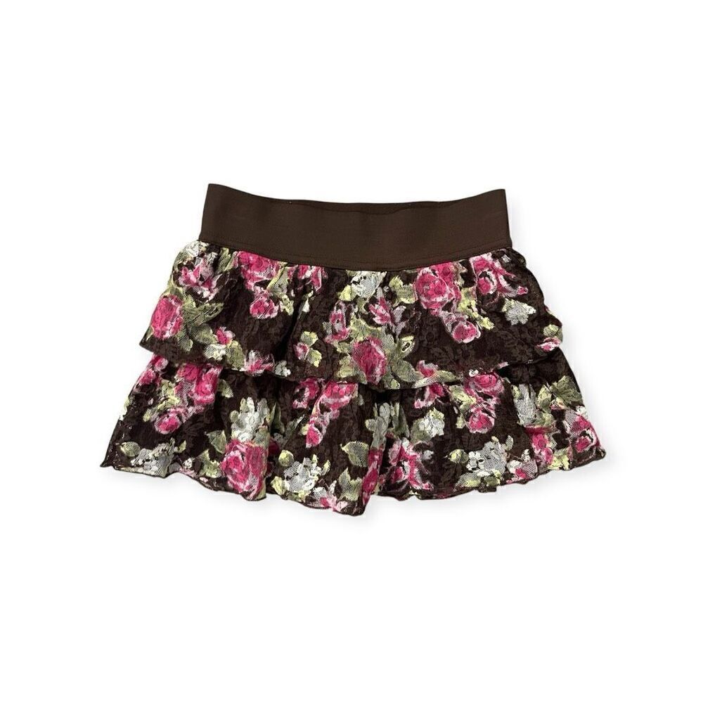 Justice Girl’s Brown Pink Floral Lace Pull-On Tiered Skater Skort Size 6